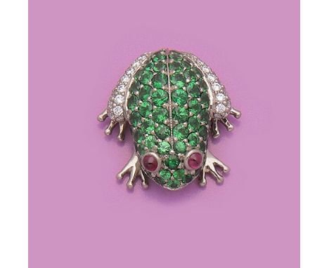 Charmante kleine "Frosch"-Brosche Weißgold, gest. 18 ct.; Ausgefasst mit kleinen leuchtendgrünen Tsavoriten sowie Diamanten u