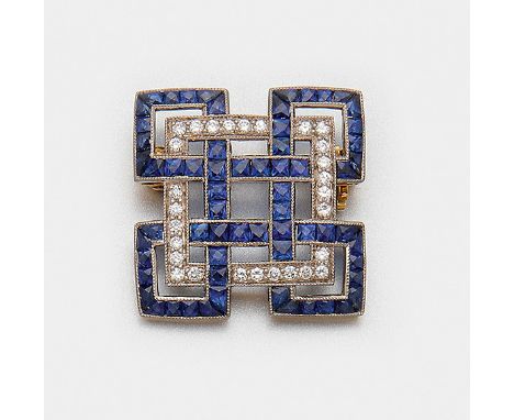 Hochfeine Saphirbrosche Gelb- und Weißgold, gest. 18 ct.; Schauseitig ausgefasst mit kornblumenblauen Saphircarrées und klein