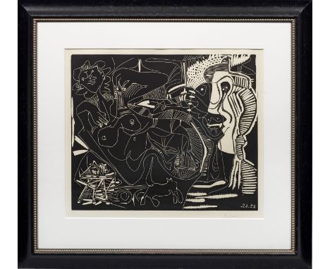 Pablo Picasso (1881 Málaga - 1973 Mougins)"Le Thé: Deux Femmes nues et un chat". OriginaltitelLinolschnitt/Arches, 1965. Sign