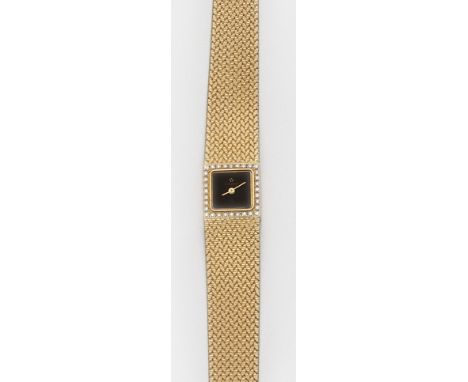 Schmuck-Damen-Armbanduhr von Eterna aus den 70er Jahren Gelbgold, gest. 750. Quadratisches Uhrengehäuse, Lunette umlaufend mi