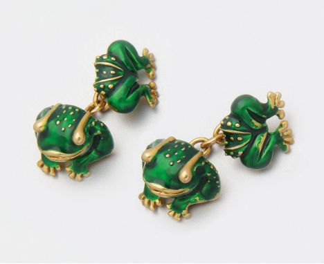 Paar "Frosch"-Manschettenknöpfe von Sazingg Gelbgold, gest. 18 ct., teilw. polychrom emailliert. Herstellerzeichen. Ges.-Gew.