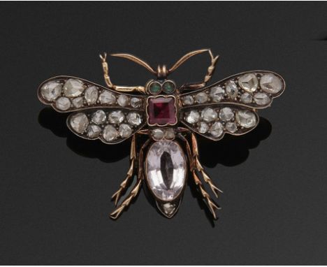 Belle Epoque Insekten-Brosche, Frankreich um 1880 Gelbgold, 14 ct. und Silber. Schauseitig besetzt mit rosafarbenen Steinen u