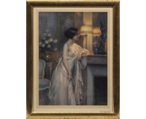 Delphin Enjolras (1857 Coucouron - 1945 Toulouse)Erotische Interieurszene mit junger Dame im LampenscheinFarblithographie/Pap