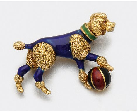Charmante "Pudel"-Brosche Gelbgold, gest. 750, teilw. polychrom emailliert. Gew. ca. 8,53 g. A poodle brooch in 18 k, with co