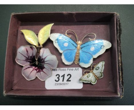Four silver gilt and enamel butterfly brooches by David Andersen of Norway, largest 6.5cm wide.   Condition Report:  No visib