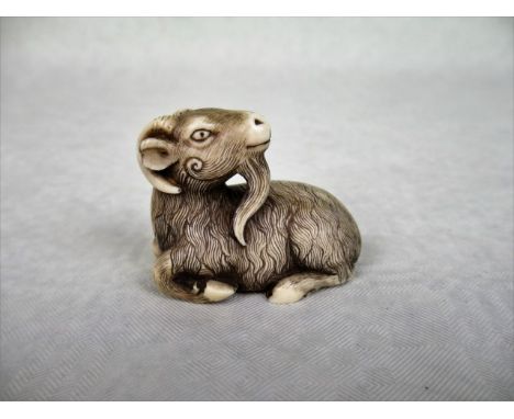 A Japanese carved bone netsuke depicting a recumbent goat with head turned to the left, 4.5cm wide.