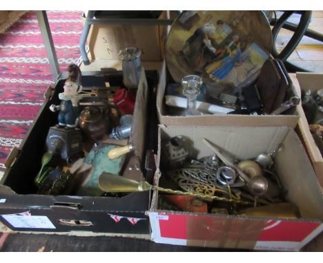 Three boxes containing assorted items, to include: a novelty money box, miners lamp, brass fire tools, a ship's decanter, a t