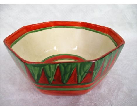 A Clarice Cliff 'Original Bizarre' octagonal fruit bowl, having hand painted decoration of interlocking triangles in brown an