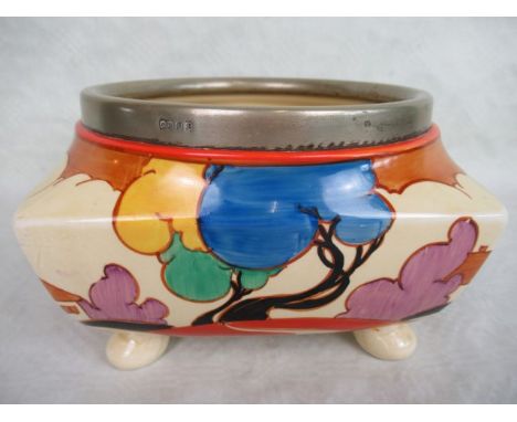 An early 20th century Clarice Cliff fruit bowl of square form with circular silver plated rim, on four supports, in the Ballo
