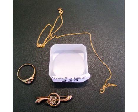 An 18ct gold solitaire diamond ring, together with a 9ct gold seed pearl brooch and a 9ct gold trace link chain.