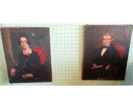 Philip John Ouless (1817-1885), a pair of unframed portraits of a seated lady and gentleman, oil on canvas, each 41cm x 32cm,
