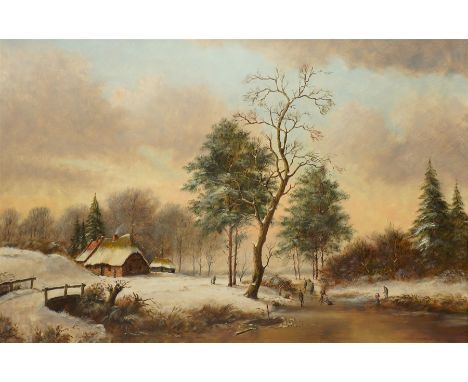 Stephan de Haan (Dutch 1914-): Winter Landscape - Figures Skating on a Frozen River, oil on canvas signed 60cm x 90cm
