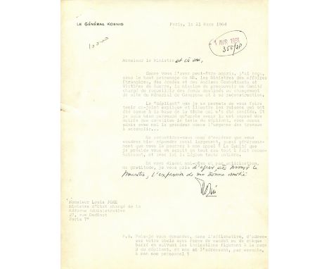 KOENIG MARIE JOSEPH: (1898-1970) French General of WWII. Posthumously appointed Marshal of France. Koenig commanded the Free 