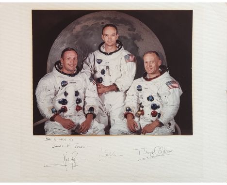 APOLLO XI: A good, large signed and inscribed colour 20 x 16 photograph by all three crew members of Apollo XI (1969) individ