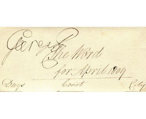 GEORGE III: (1738-1820) King of the United Kingdom 1760-1820. Bold ink signature ('George R', a 'mad' example) on a good piec