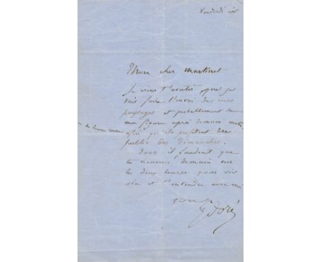 DORE GUSTAVE: (1832-1883) French Painter, Illustrator and Sculptor. A.L.S., G Doré, one page, 8vo, blue paper, n.p., Friday e