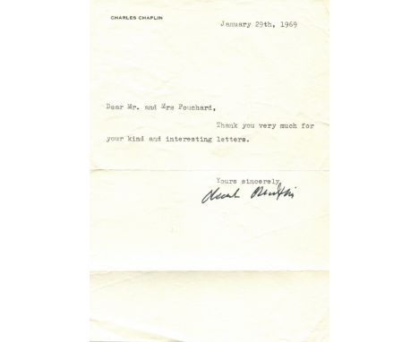 CHAPLIN CHARLES: (1889-1977) English film comedian, Academy Award winner. A brief T.L.S., Charlie Chaplin, one page, 8vo, n.p