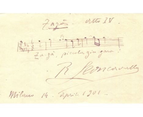 LEONCAVALLO RUGGERO: (1857-1919) Italian Composer. A very fine A.M.Q.S., `R. Leoncavallo´, a large good signature, one page, 