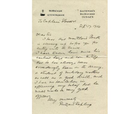 KIPLING RUDYARD: (1865-1936) English writer, Nobel Prize winner for Literature, 1907. A.L.S., Rudyard Kipling, one page, 8vo,