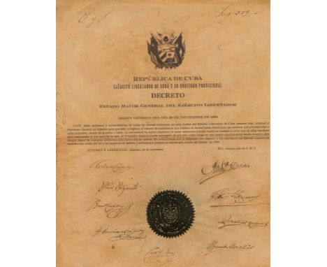 LIBERATORS OF CUBA: An attractive multiple signed document, one page, large folio, Bayamo, 28th November 1868, in Spanish. Th
