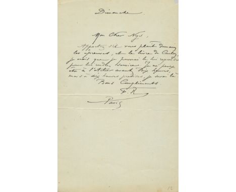ROPS FELICIEN: (1833-1898) Belgian Printmaker Artist. Scarce A.L.S., `F. R´, one page, 8vo, Paris, n.d., Sunday, to Nys, in F
