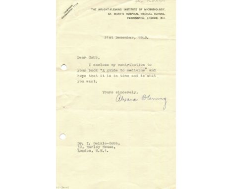 FLEMING ALEXANDER: (1881-1955) Scottish Biologist, Nobel Prize winner for Physiology or Medicine, 1945. T.L.S., Alexander Fle