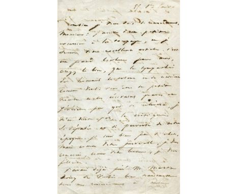 HUGO VICTOR: (1802-1885) French Poet and Novelist. A.L.S., V[ict]or Hugo, two pages, 8vo, Paris, 25th October, 1837, to Monsi