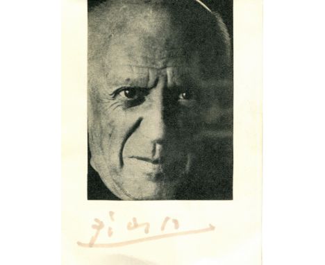 PICASSO PABLO: (1881-1973) Spanish painter. Ink signature ('Picasso') on a 4 x 5.5 white card, with a magazine portrait of th