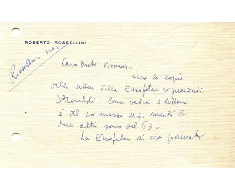 ROSSELLINI ROBERTO (1906-1977) Italian film Director. A prominent neorealist. A.L.S., R Rossellini, two pages, to a 6.5 x 4 c