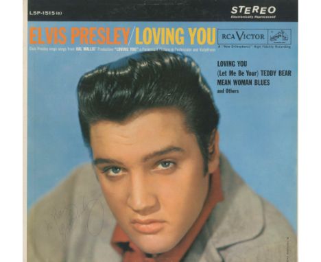PRESLEY ELVIS: (1935-1977) American rock 'n' roll singer. Signed and inscribed soundtrack album record sleeve for Loving You 