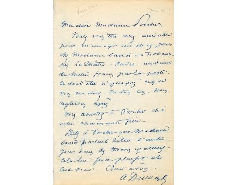 DUMAS ALEXANDRE: Fils (1824-1895) French Author and Dramatist. A.L.S., A Dumas, one page, 8vo, n.p., n.d. [June 1861], to Mad