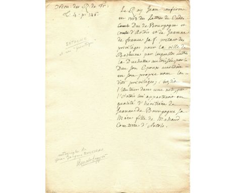 ROUSSEAU JEAN-JACQUES: (1712-1778) French Writer and Philosopher. An interesting autograph manuscript, one page, 4to, n.p., n