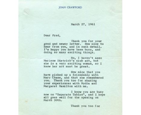 CRAWFORD JOAN: (1905-1977) American actress, Academy Award winner. Small group of seven T.Ls.S., Joan, nine pages (total), 8v