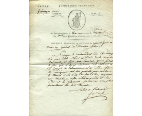 JOURDAN JEAN BAPTISTE: (1762-1833) Marshal of France. An excellent and fierce L.S., `Jourdan´, at the Warem Head Quarters, no