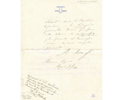 AVELLANEDA NICOLAS: (1837-1885) President of Argentina 1874-80. Ink signature ('N Avellaneda') and lengthy inscription to one