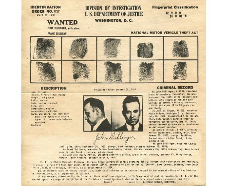 [DILLINGER JOHN]: (1903-1934) American Bank Robber. An original printed small 4to Wanted poster (in the form of a folding mai