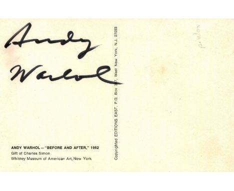 WARHOL ANDY: (1928-1987) American artist, a leading figure in the pop art movement. Signed 6 x 4 postcard featuring an image 