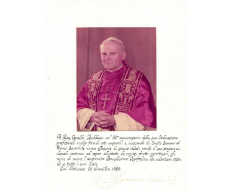 JOHN PAUL II: (1920-2005) Pope of the Roman Catholic Church 1978-2005. Canonized in 2014. A good signed colour 7 x 9.5 photog