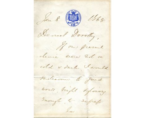 DISRAELI BENJAMIN: (1804-1881) British Prime Minister 1868, 1874-80. A charming A.L.S., with his initial D, four pages, 8vo, 