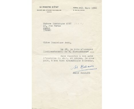 MALRAUX ANDRÉ: (1901-1976) French Novelist. Well-remembered for his novel La Condition Humaine (“Man´s Fate”), 1933. French P