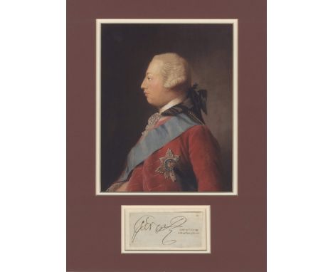 GEORGE III: (1738-1820) King of the United Kingdom 1760-1820. Bold ink signature ('George R', a 'mad' example) on a piece, mo