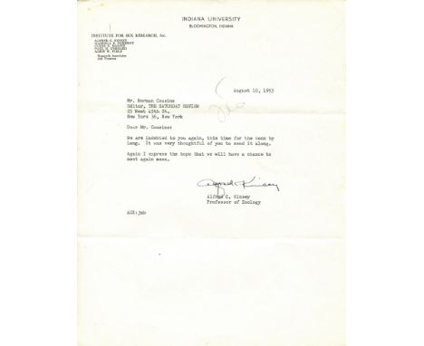KINSEY ALFRED: (1894-1956) American biologist and sexologist. A brief T.L.S., Alfred C. Kinsey, one page, 4to, Bloomington, I