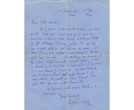 WOOLF VIRGINIA: (1882-1941) English Novelist, a member of the Bloomsbury Group. A very fine A.L.S., Virginia Woolf, one page,