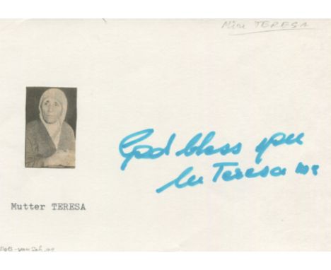 TERESA MOTHER: (1910-1997) Albanian Roman Catholic Nun, Nobel Peace Prize winner, 1979. Signed 6 x 4 blessing card by Mother 