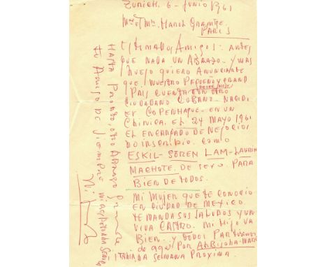 LAM WILFREDO: (1902-1982) Cuban artist. A.L.S., Wilfredo, one page, 8vo, Zurich, 6th June 1961, to Harold Gramatges and his w