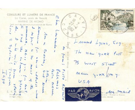 CAPOTE TRUMAN: (1924-1984) American novelist. A.L.S., Toujour, Iago, to one side of a colour picture postcard depicting part 
