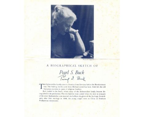 BUCK PEARL S.: (1892-1973) American writer and novelist, Nobel Prize winner for Literature, 1938. A printed 4to booklet entit