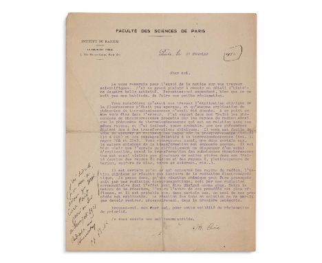 Curie writes to fellow (future) Nobel Laureate Perrin claiming priority for the chemical explanation of the fluorescence phen