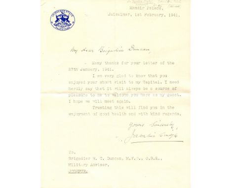 [JAISALMER STATE]: SINGH JAWAHIR (1882-1949) Maharawal of Jaisalmer State 1914-49. T.L.S., Jawahir Singh, with holograph salu