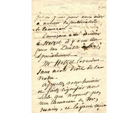 DUMAS ALEXANDRE Pere: (1802-1870) French Writer whose works include The Three Musketeers. A.L.S., `Alex Dumas´, a large bold 
